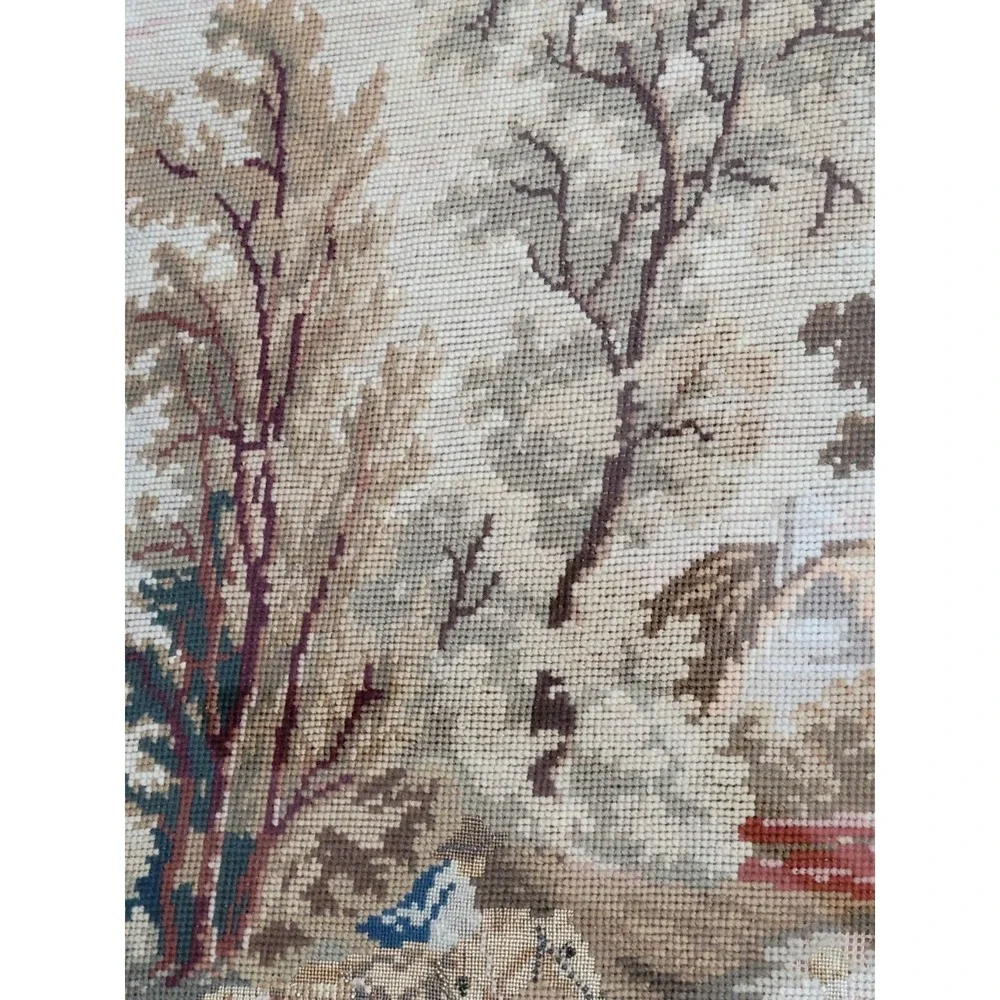 Big Antique Needlepoint Pastoral Scene Framed Picture Cows Horses Maidens Castle